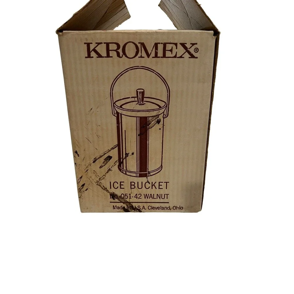 Vintage Kromex Ice Bucket Walnut Chrome MCM 1960s Barware EUC w/ Box